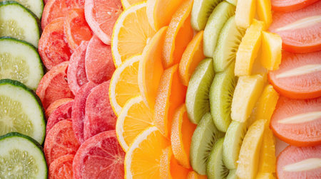 A colorful array of sliced fruits and vegetables, neatly arranged for kids' meals, with copy space for your messageの素材