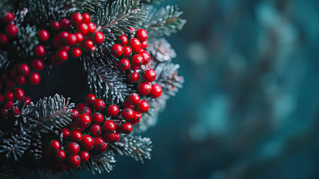 Close-up of a Christmas wreath with red berries and copy space in the centerの素材