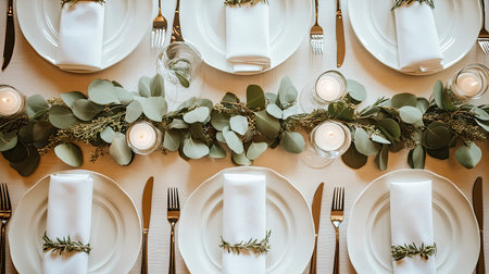 Classic table setup with clean white plates, folded napkins, and polished cutlery on a linen cloth. Copy space availableの素材