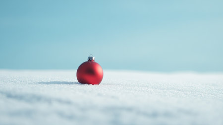 Minimalist Christmas scene with a single red ornament and white snow, allowing for textの素材