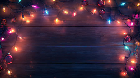 Festive holiday lights and ornaments on a wooden background with space for textの素材