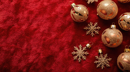 Golden Christmas baubles and snowflakes on a red velvet background. Copy space availableの素材