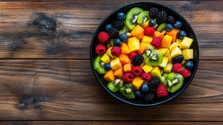 Top view of a rainbow fruit salad with melons, berries, and kiwis, placed on a wooden background with room for copyの素材