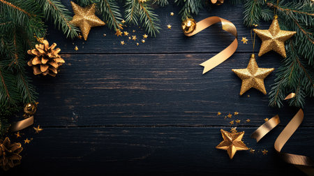 Evergreen branches with golden stars and ribbons on a dark wooden background, with space for textの素材