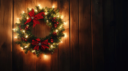 Festive wreath with Christmas lights on a wooden door, plenty of space for seasonal greetingsの素材