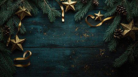 Evergreen branches with golden stars and ribbons on a dark wooden background, with space for textの素材