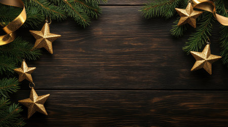 Evergreen branches with golden stars and ribbons on a dark wooden background, with space for textの素材
