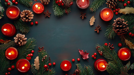 Festive table with Christmas candles and holly berries, leaving room for text in the centerの素材