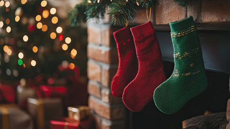 Festive red and green Christmas stockings hanging on a fireplace with copy space aboveの素材