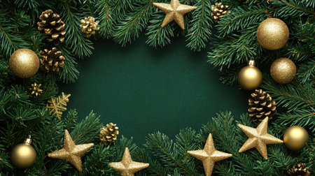 Fir tree branches with golden stars and baubles framing the top and bottom, allowing for copy spaceの素材
