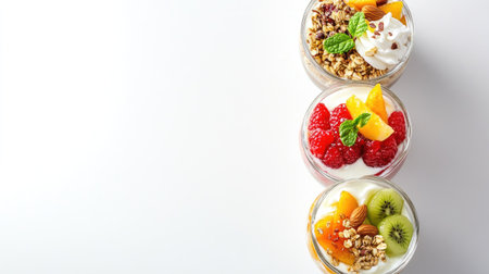 Kid-friendly yogurt parfaits with layers of fruit, granola, and nuts on a clean white background. Copy space includedの素材