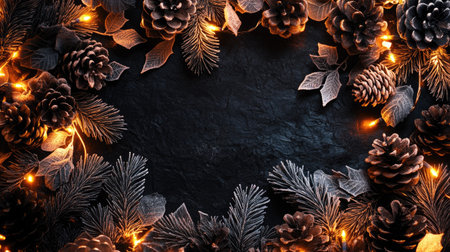 Golden lights and pinecones with frosted leaves on a black background, allowing for text in the middleの素材