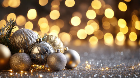 Gold and silver ornaments with Christmas lights glowing in the background. Ample space for textの素材