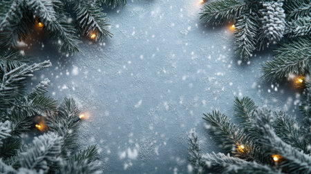 Frosted evergreen branches with twinkling lights on a snowy surface. Room for holiday textの素材