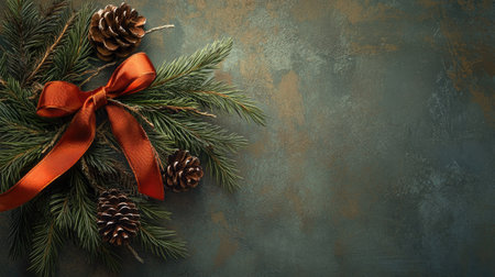 Fir branches and pinecones with a holiday ribbon and plenty of room for a Christmas greetingの素材