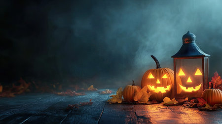 Halloween festival night scene with glowing lanterns, pumpkins, and a foggy background. Copy space on the side for your textの素材