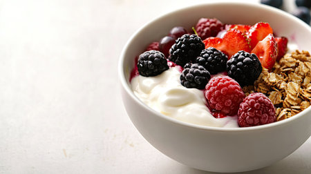 Nutritious breakfast bowl with yogurt, berries, and granola for kids, on a white background with ample copy space for textの素材