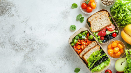 Healthy lunchbox filled with whole grain sandwiches, veggies, and fruit, laid out with space for writing text. Top viewの素材
