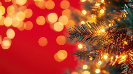 Fir branches and golden fairy lights on a red background. Plenty of room for copyの素材