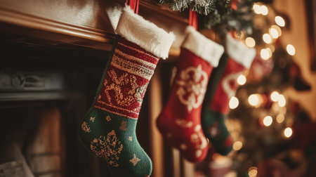 Festive red and green Christmas stockings hanging on a fireplace with copy space aboveの素材