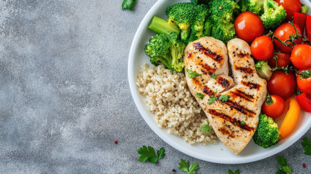 Top view of a balanced meal featuring grilled chicken, brown rice, and steamed vegetables for kids. Text space includedの素材