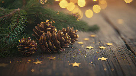 Fir branches and pinecones with scattered golden stars on a wooden table. Copy space availableの素材