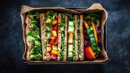 Healthy lunchbox filled with whole grain sandwiches, veggies, and fruit, laid out with space for writing text. Top viewの素材