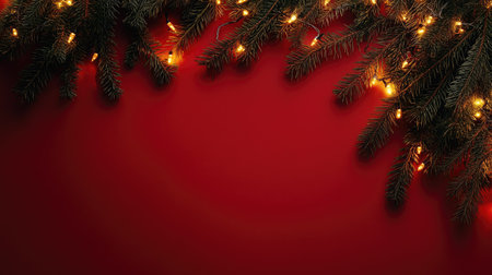 Fir branches and golden fairy lights on a red background. Plenty of room for copyの素材