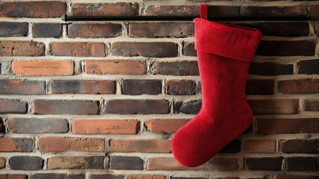 Red stocking hanging on a brick fireplace with copy space for a holiday messageの素材