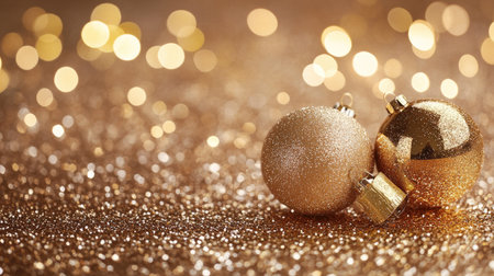 Golden Christmas baubles on a glittery background with room for festive textの素材