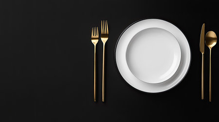 Modern, chic table setting with white plates, gold cutlery, and a minimalist design. Space for copy is availableの素材