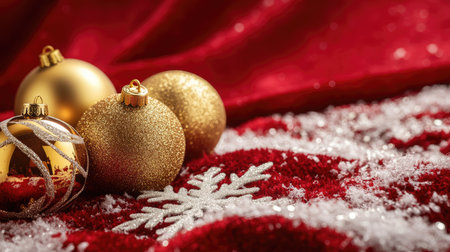 Golden Christmas baubles and snowflakes on a red velvet background. Copy space availableの素材