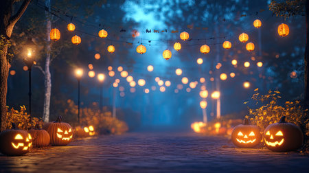 Halloween festival night scene with glowing lanterns, pumpkins, and a foggy background. Copy space on the side for your textの素材