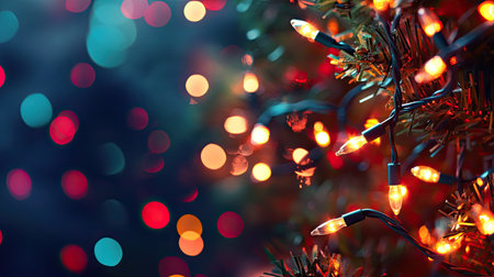Sparkling Christmas lights on a dark background with copy space for holiday greetingsの素材