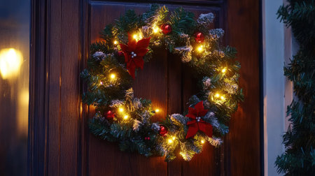 Festive wreath with Christmas lights on a wooden door, plenty of space for seasonal greetingsの素材