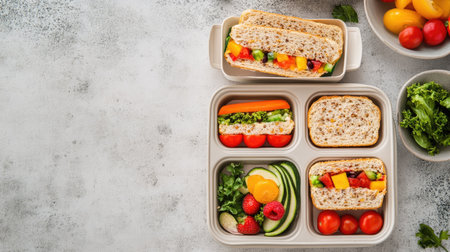 Healthy lunchbox filled with whole grain sandwiches, veggies, and fruit, laid out with space for writing text. Top viewの素材