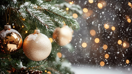 Snow-covered fir branches with hanging ornaments and twinkling lights. Copy space for holiday wishesの素材