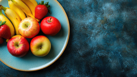Top view of a vibrant fruit platter, featuring apples, bananas, and strawberries, perfect for children's healthy eating. Copy spaceの素材