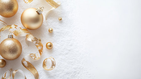Golden ornaments and ribbons on a white snowy background, leaving space for holiday textの素材