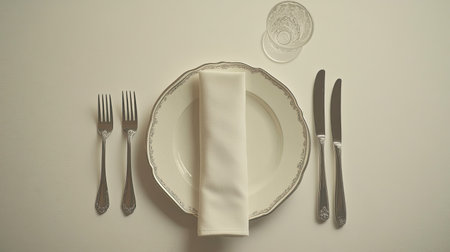 Minimalist table setting featuring a single plate, silver cutlery, and a linen napkin, arranged with space for textの素材
