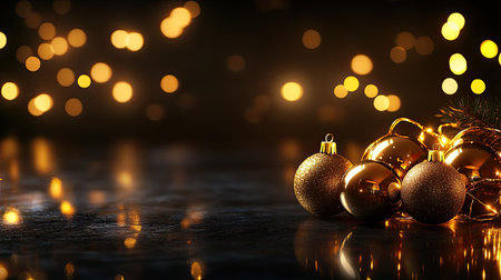 Golden ornaments with twinkling lights on a dark, elegant background. Copy space availableの素材