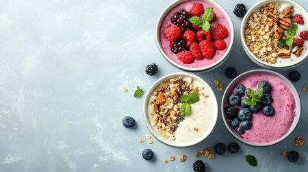 Healthy smoothie bowls for children, filled with berries, granola, and nuts, set against a clean background with copy spaceの素材