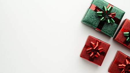 Red and green presents with a glittery ribbon on a white background with space for copyの素材