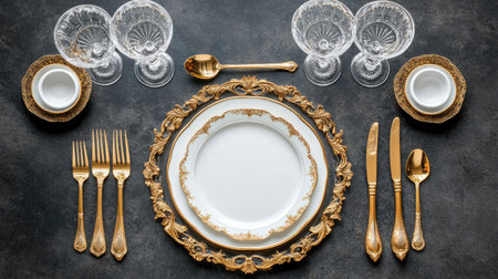 Top view of a luxurious table setting with gold cutlery, crystal glasses, and white plates, with room for textの素材