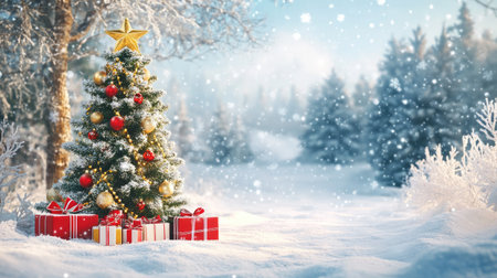 Snowy scene with a decorated Christmas tree and presents below, leaving copy spaceの素材