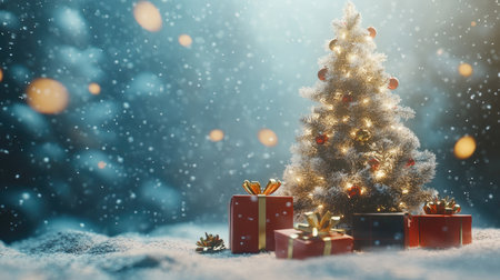 Snowy scene with a decorated Christmas tree and presents below, leaving copy spaceの素材