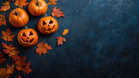 Jack-o'-lanterns glowing in the dark with scattered autumn leaves and space for your message or textの素材