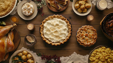 Top view of a festive Thanksgiving spread with pies, turkey, and mashed potatoes. Plenty of copy space for greetingsの素材