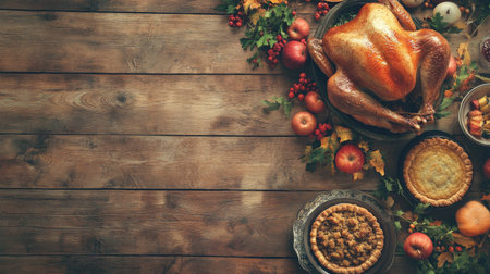 Thanksgiving feast with roasted turkey, stuffing, and pies on a rustic table. Plenty of space for your holiday messageの素材