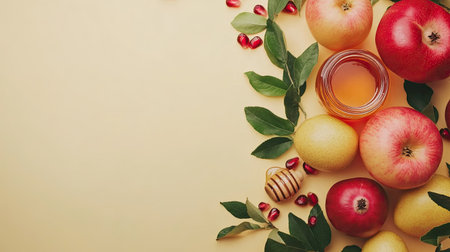 Top view of fresh apples, pomegranates, honey jar, and green leaves. Perfect for Rosh Hashanah designs with space for textの素材